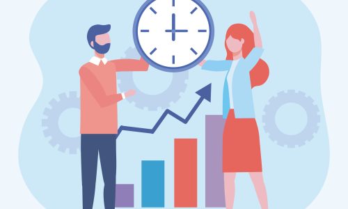 businessman and businesswoman with clock and statistics bar to teamwork strategy vector illustration