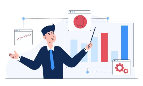 Expert marketing broker stock trader present stock market in year showing growth rates on board isolated. Cartoon finance analyst presenting data visualization in report
